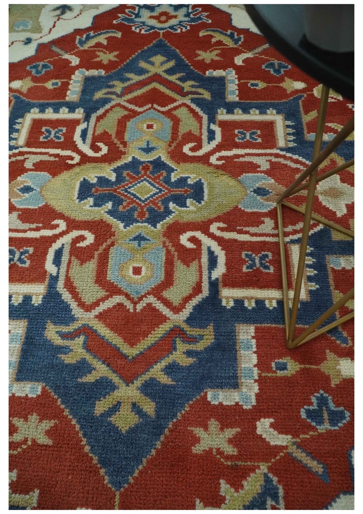 Custom Made Brown, Blue, Ivory and Olive Traditional Heriz Medallion Wool Area Rug