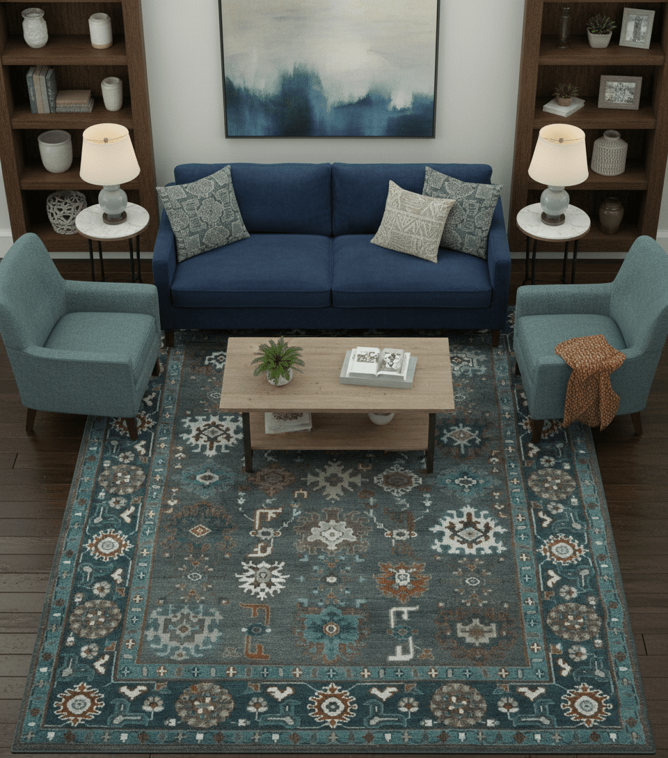 Custom Made Charcoal and Teal Hand knotted Traditional Oushak wool area rug