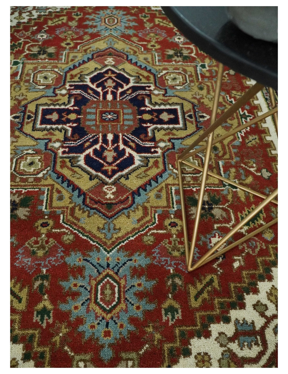 Custom Made Classic Serapi Blue, Rust and Ivory Hand knotted wool Area Rug