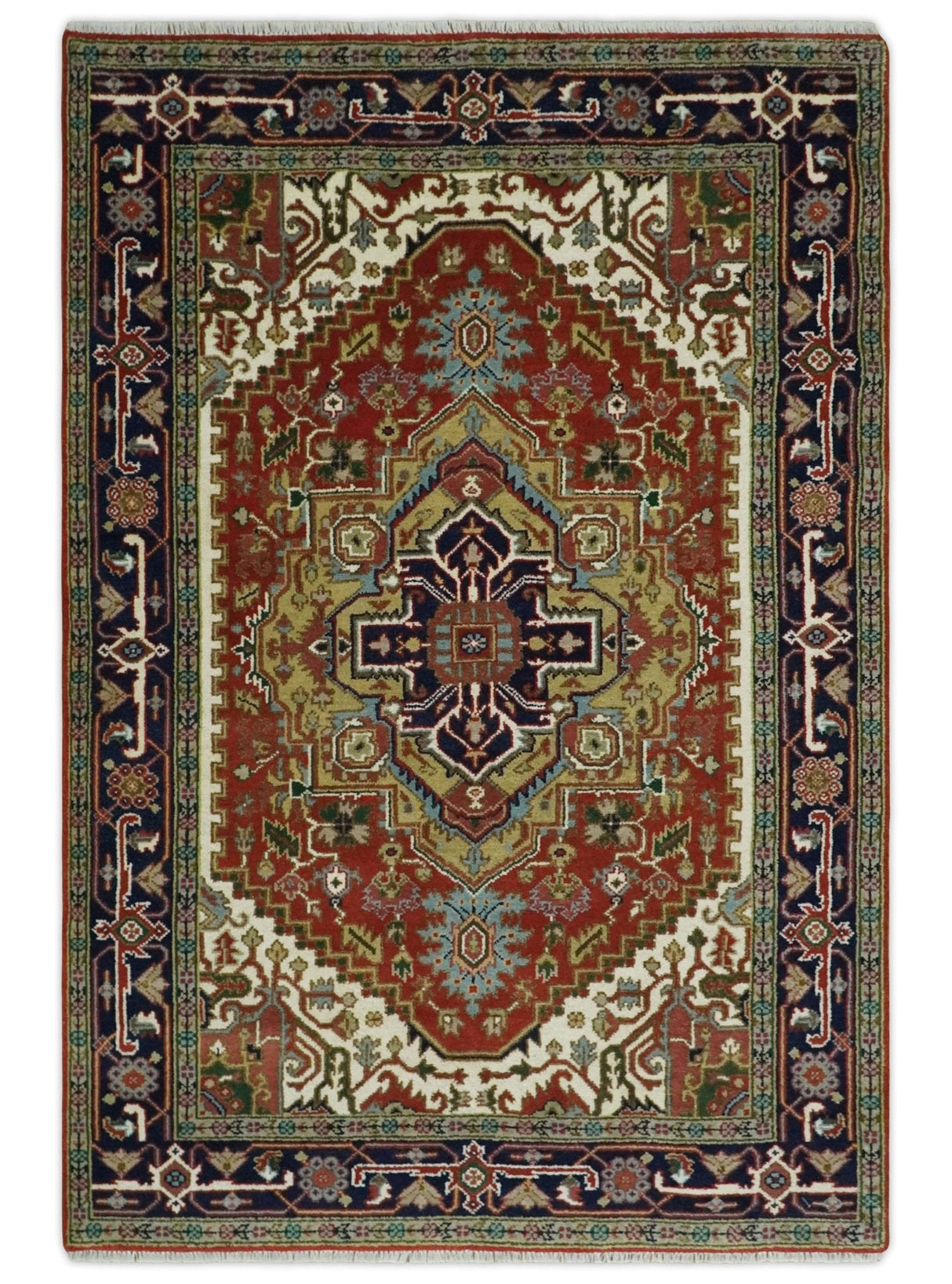 Custom Made Classic Serapi Blue, Rust and Ivory Hand knotted wool Area Rug