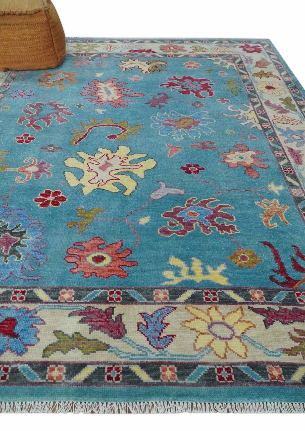 Custom Made Colorful Blue and Beige Hand knotted Traditional Oushak wool Area Rug
