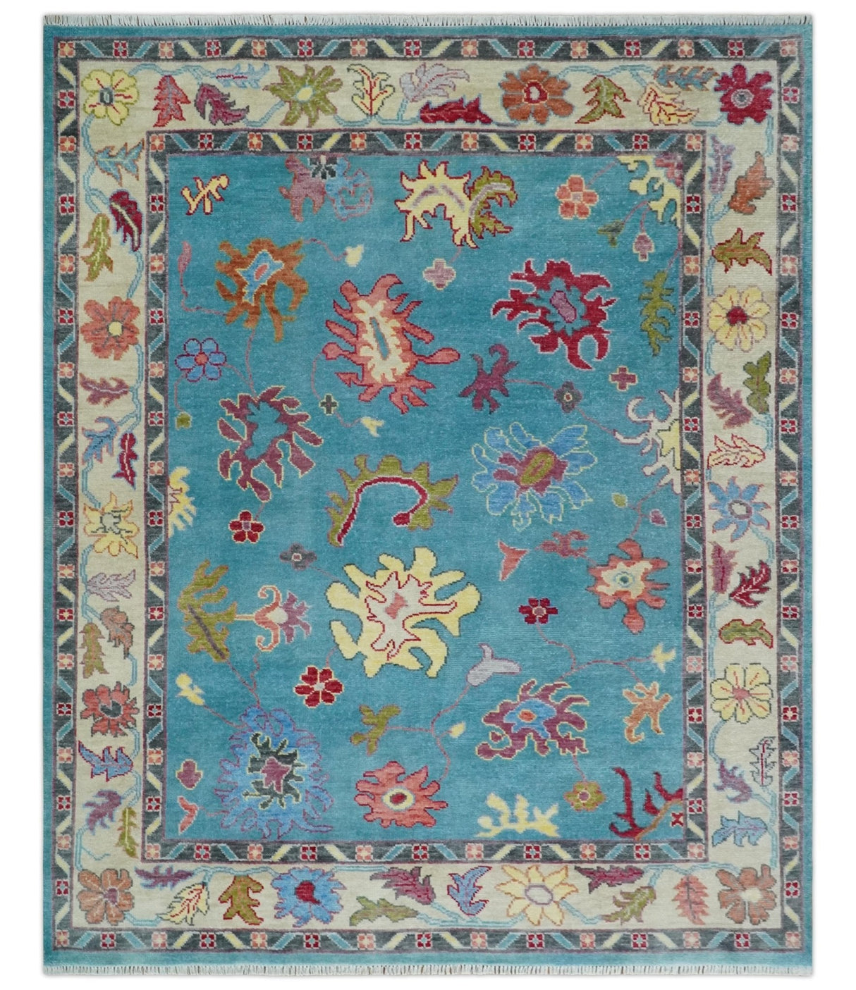 Custom Made Colorful Blue and Beige Hand knotted Traditional Oushak wool Area Rug