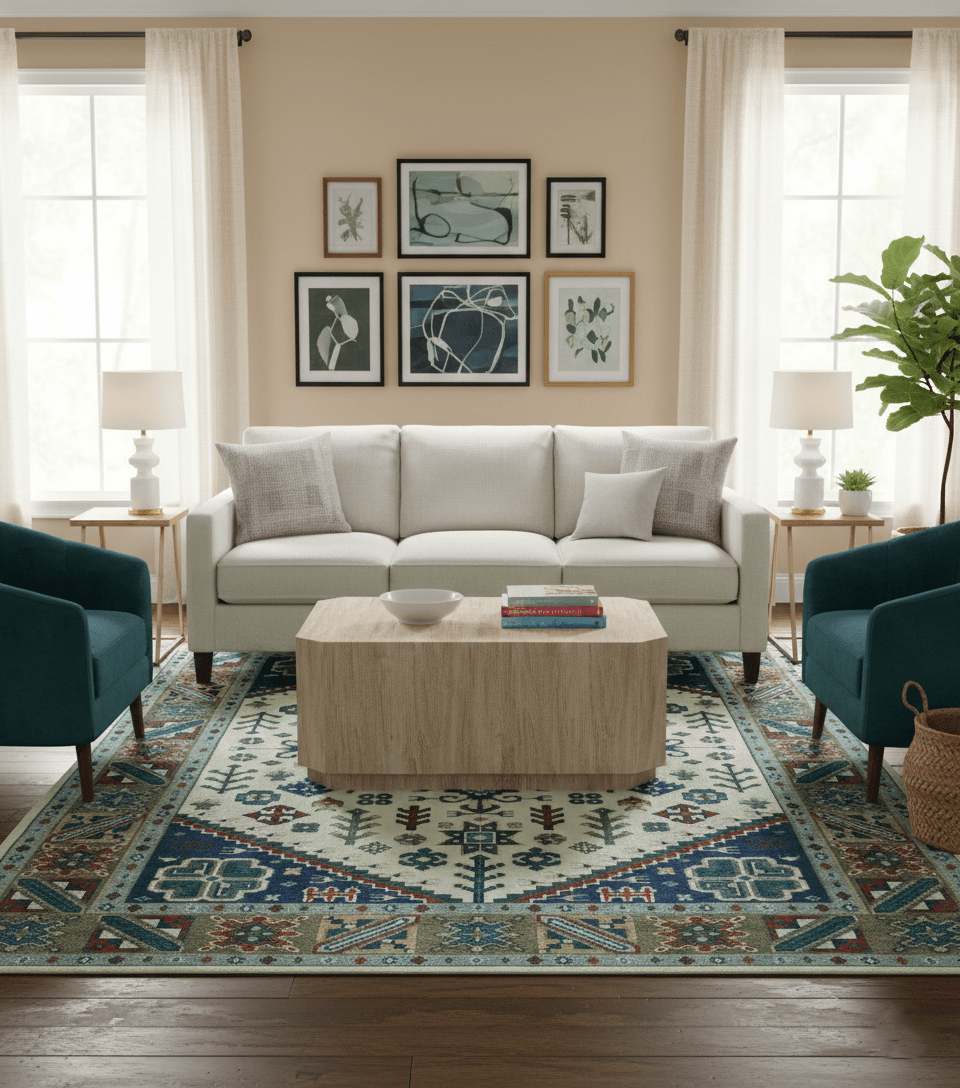 Custom Made Colorful Ivory, Blue, Brown and Teal Hand Knotted Traditional Heriz size wool Area Rug
