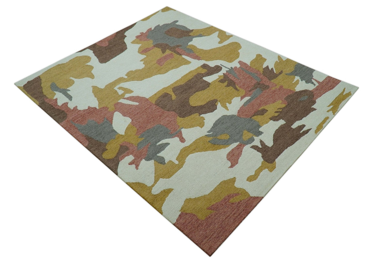 Custom Made Contemporary Abstract Ivory, Yellow And Rust Hand Tufted Wool Area Rug