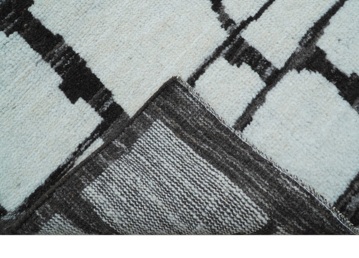 Custom Made Contemporary Ivory And Dark Brown Hand Knotted Wool Rug