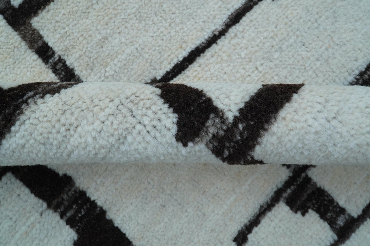Custom Made Contemporary Ivory And Dark Brown Hand Knotted Wool Rug