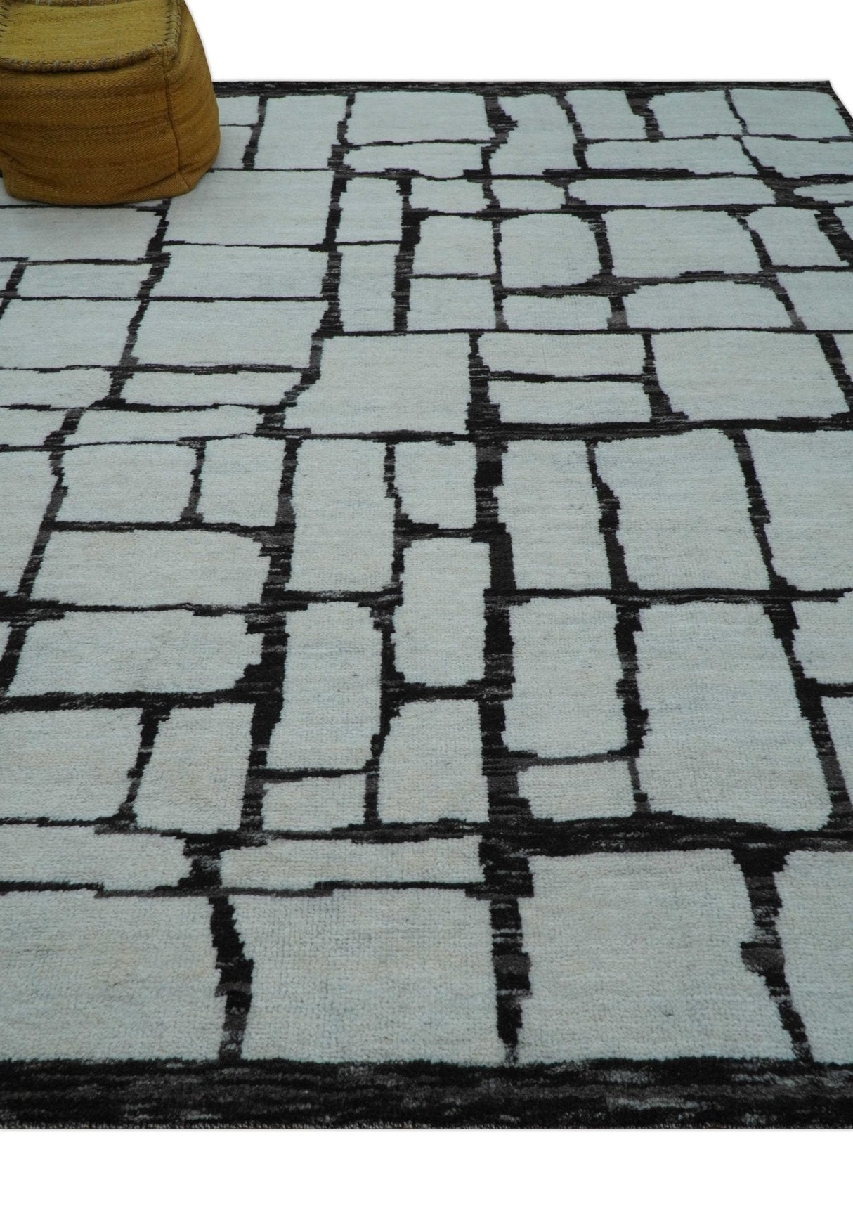 Custom Made Contemporary Ivory And Dark Brown Hand Knotted Wool Rug