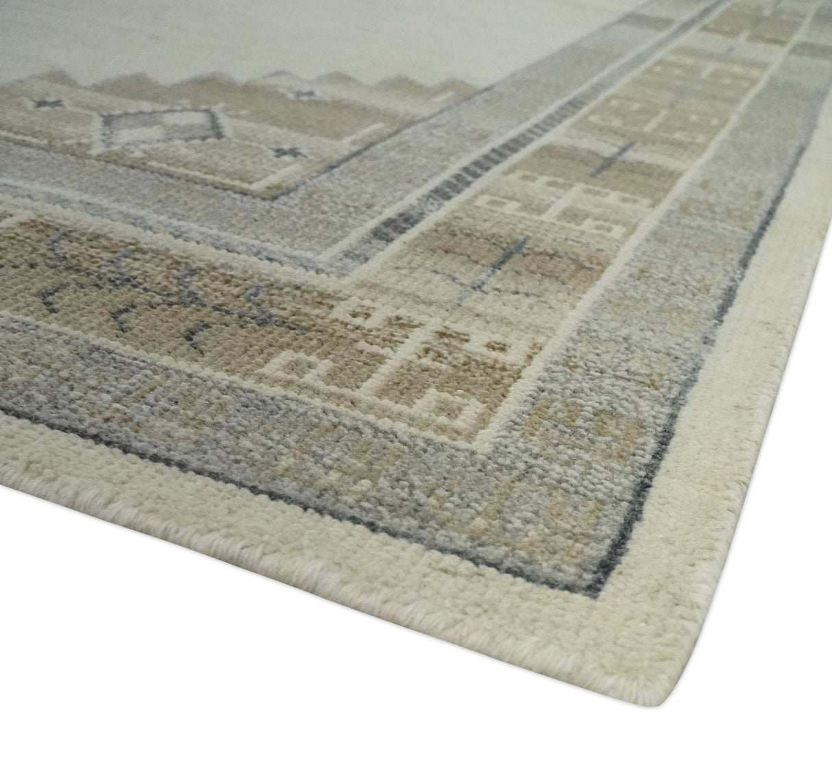 Custom Made Earthy Hand Knotted Ivory, Charcoal and Beige Wool Area Rug-Area Rug-Parc Decor