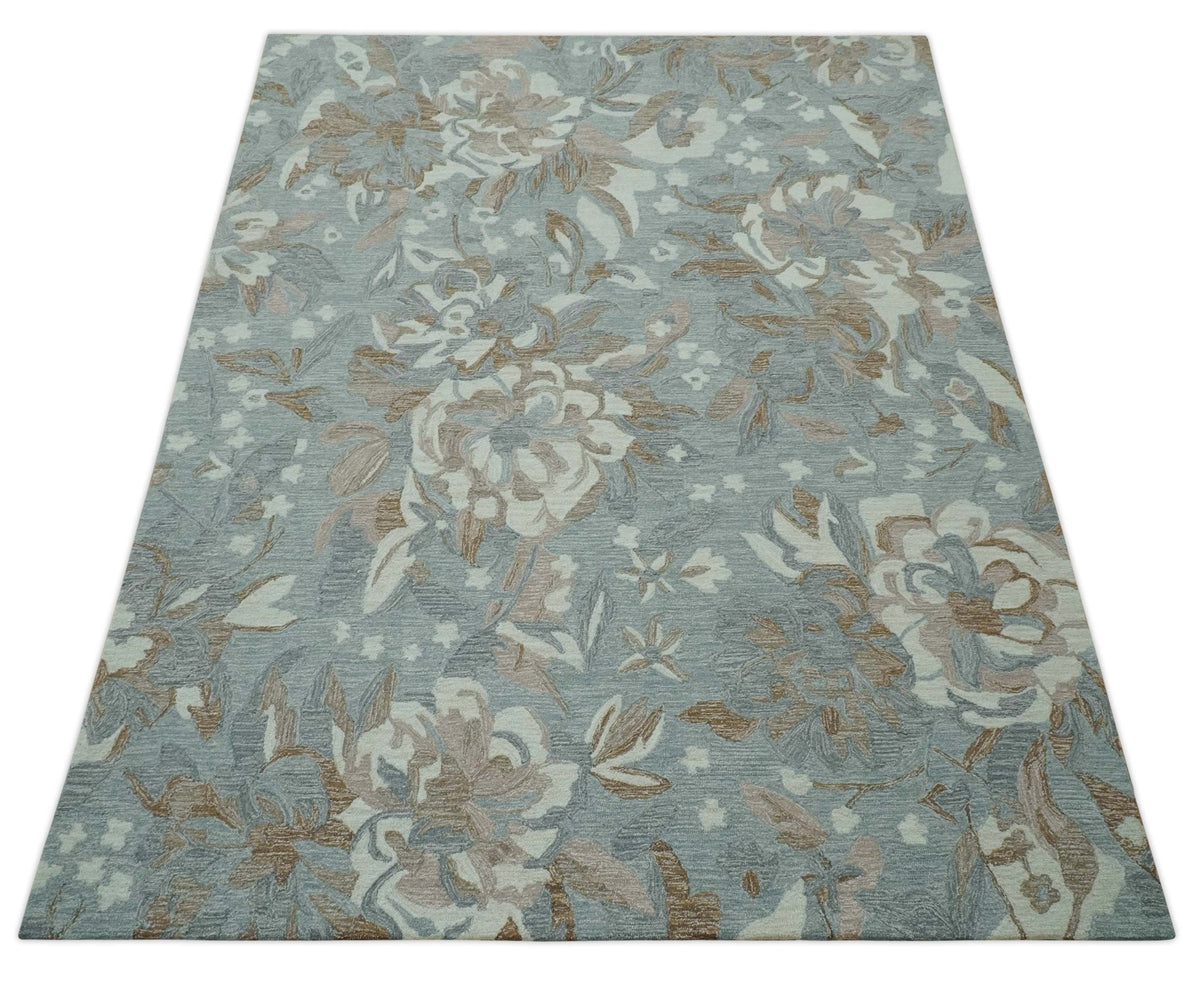 Custom Made Elegant Blue, Ivory and Olive Floral Design Hand Tufted wool Rug