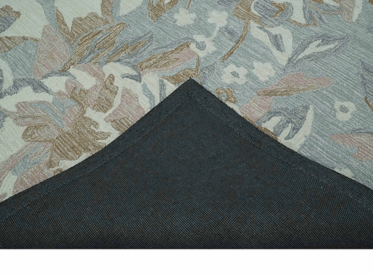 Custom Made Elegant Blue, Ivory and Olive Floral Design Hand Tufted wool Rug