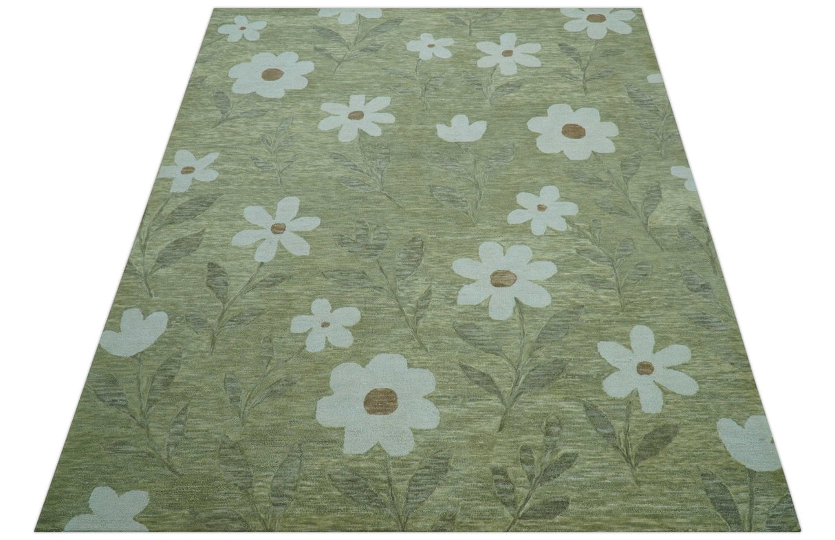 Custom Made Floral Olive Green Hand Tufted Wool Area Rug