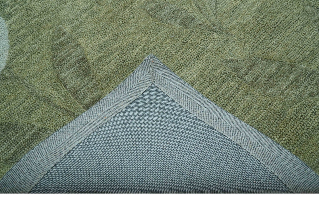 Custom Made Floral Olive Green Hand Tufted Wool Area Rug