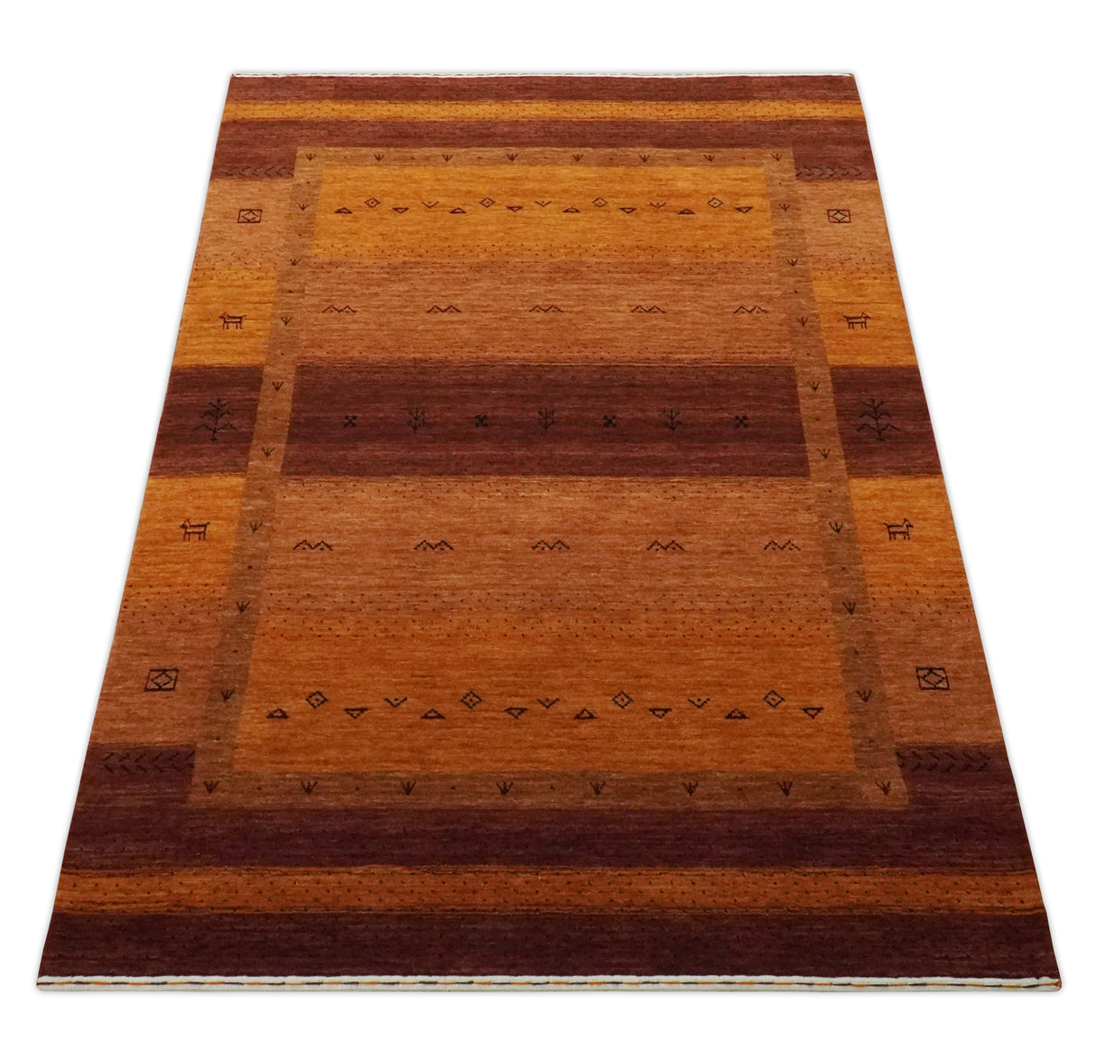 Custom Made geometrical Stripes Design Rust and Brown Hand loom wool Area Rug
