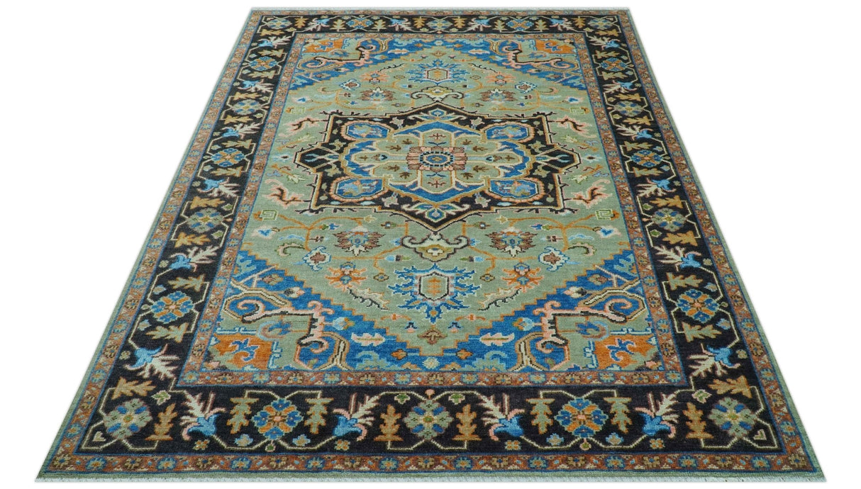Custom Made Green And Blue Traditional Heriz Hand Knotted Wool Rug