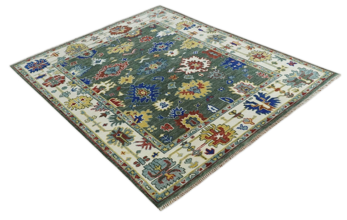 Custom Made Green and Ivory Colorful Hand knotted Traditional Oushak wool Area Rug