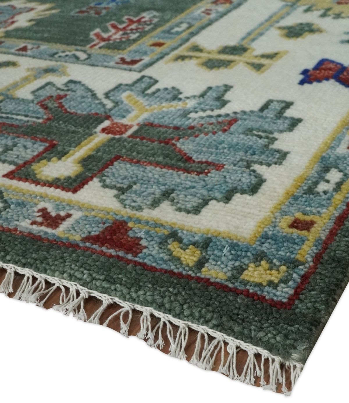 Custom Made Green and Ivory Colorful Hand knotted Traditional Oushak wool Area Rug