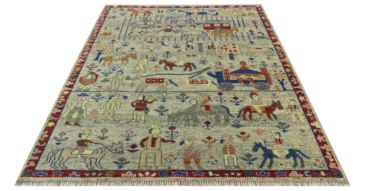 Custom Made Greenish Beige, Rust And Blue Folk Art Hand Knotted Wool Area Rug