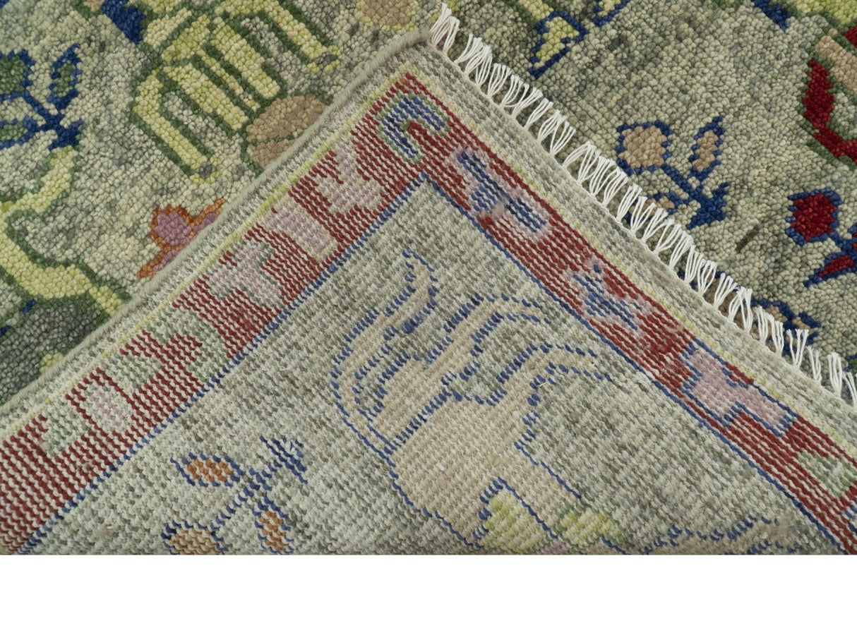 Custom Made Greenish Beige, Rust And Blue Folk Art Hand Knotted Wool Area Rug