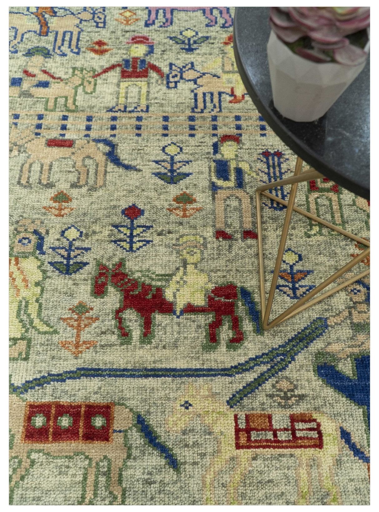 Custom Made Greenish Beige, Rust And Blue Folk Art Hand Knotted Wool Area Rug
