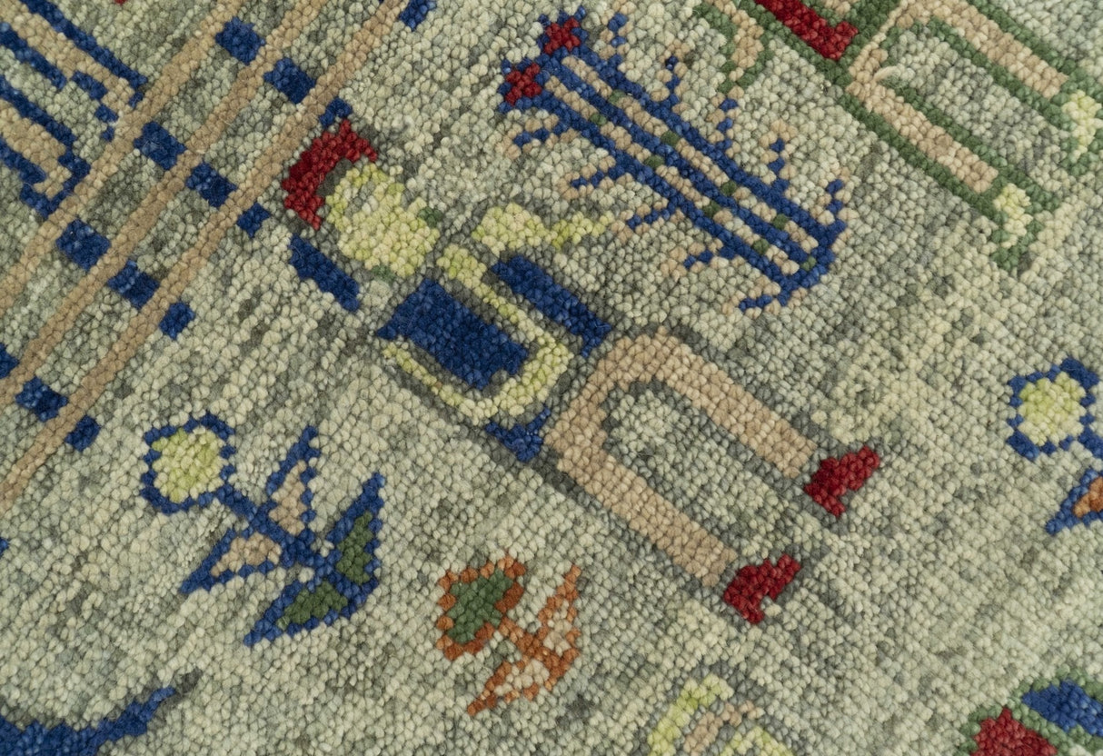 Custom Made Greenish Beige, Rust And Blue Folk Art Hand Knotted Wool Area Rug-Area Rug-Parc Decor