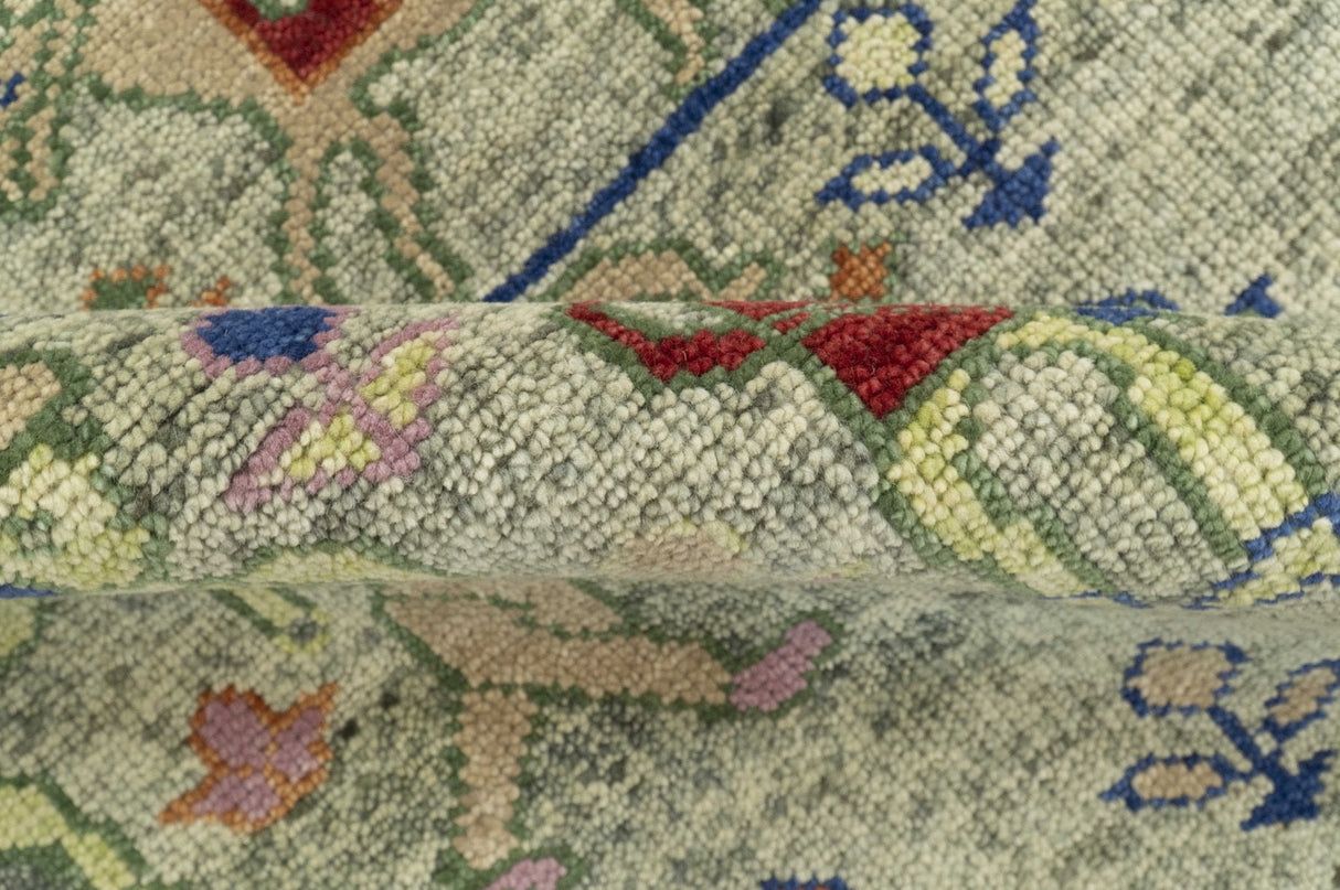 Custom Made Greenish Beige, Rust And Blue Folk Art Hand Knotted Wool Area Rug-Area Rug-Parc Decor