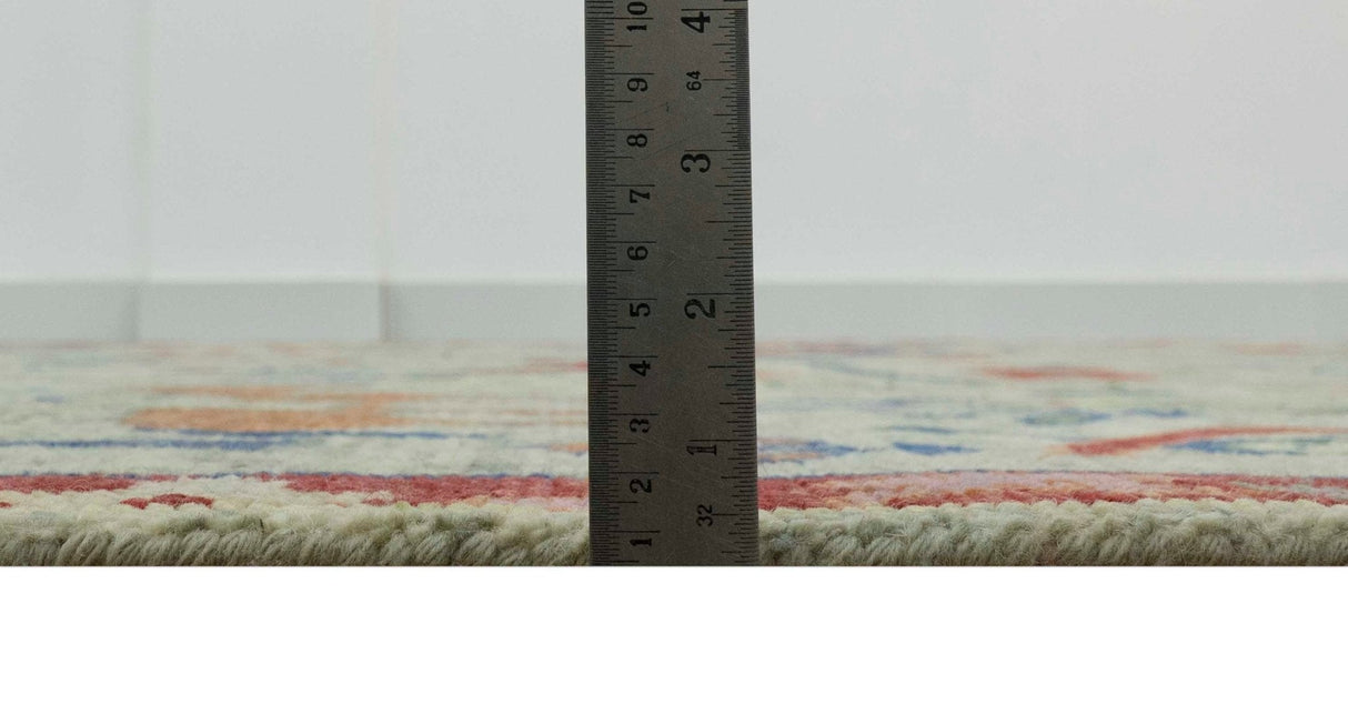 Custom Made Greenish Beige, Rust And Blue Folk Art Hand Knotted Wool Area Rug-Area Rug-Parc Decor