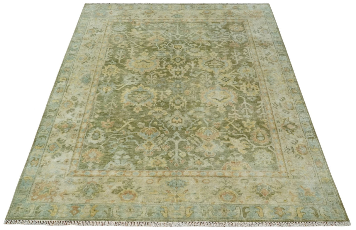 Custom Made Hand Knotted Antique Finish Green, Aqua and Beige Traditional Wool Rug