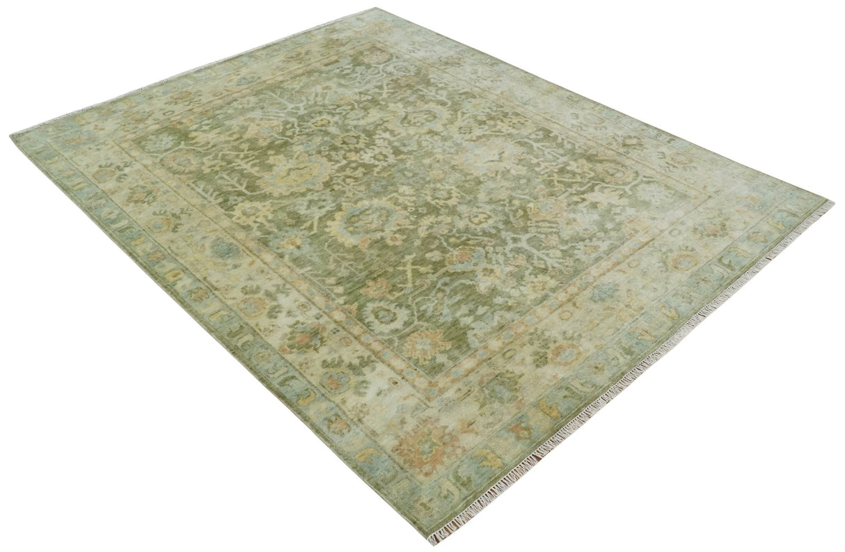 Custom Made Hand Knotted Antique Finish Green, Aqua and Beige Traditional Wool Rug
