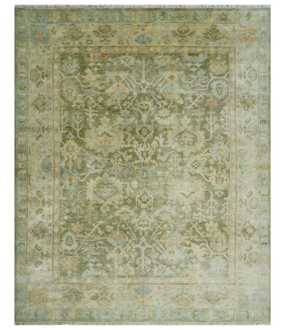 Custom Made Hand Knotted Antique Finish Green, Aqua and Beige Traditional Wool Rug