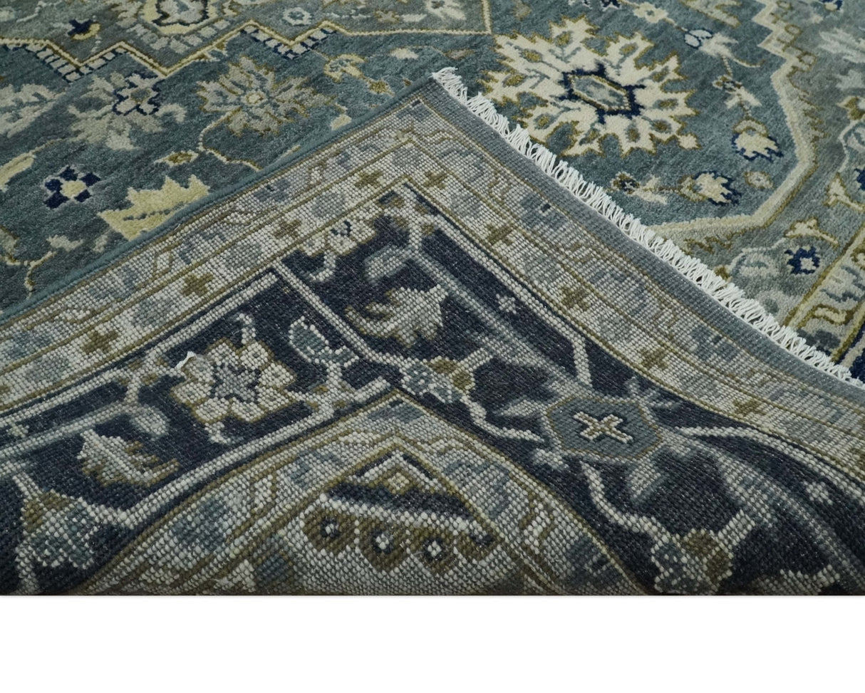 Custom Made Hand Knotted Beige and Blue Traditional Heriz Wool Area Rug
