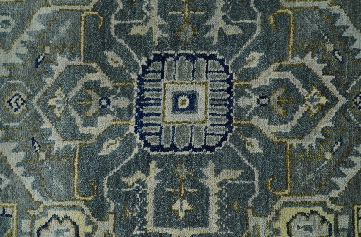 Custom Made Hand Knotted Beige and Blue Traditional Heriz Wool Area Rug