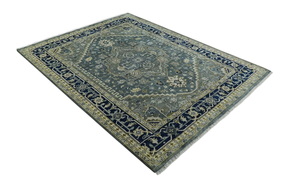 Custom Made Hand Knotted Beige and Blue Traditional Heriz Wool Area Rug