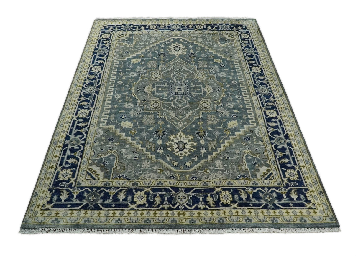 Custom Made Hand Knotted Beige and Blue Traditional Heriz Wool Area Rug