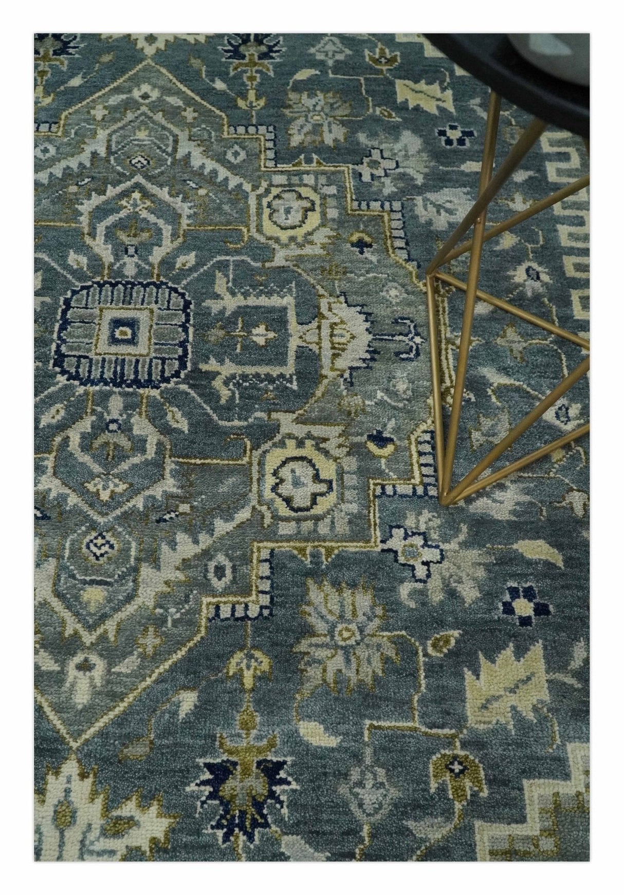 Custom Made Hand Knotted Beige and Blue Traditional Heriz Wool Area Rug