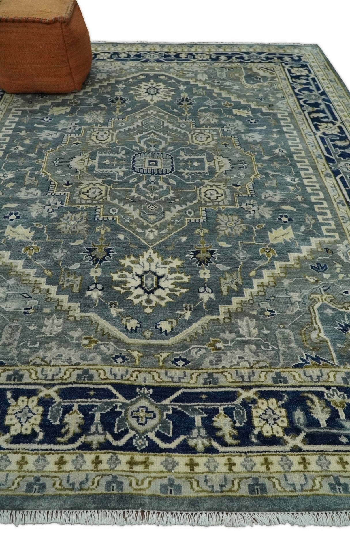 Custom Made Hand Knotted Beige and Blue Traditional Heriz Wool Area Rug