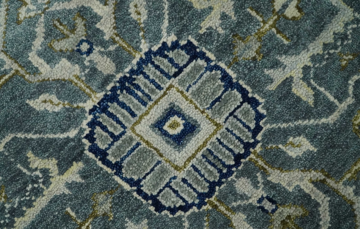Custom Made Hand Knotted Beige and Blue Traditional Heriz Wool Area Rug