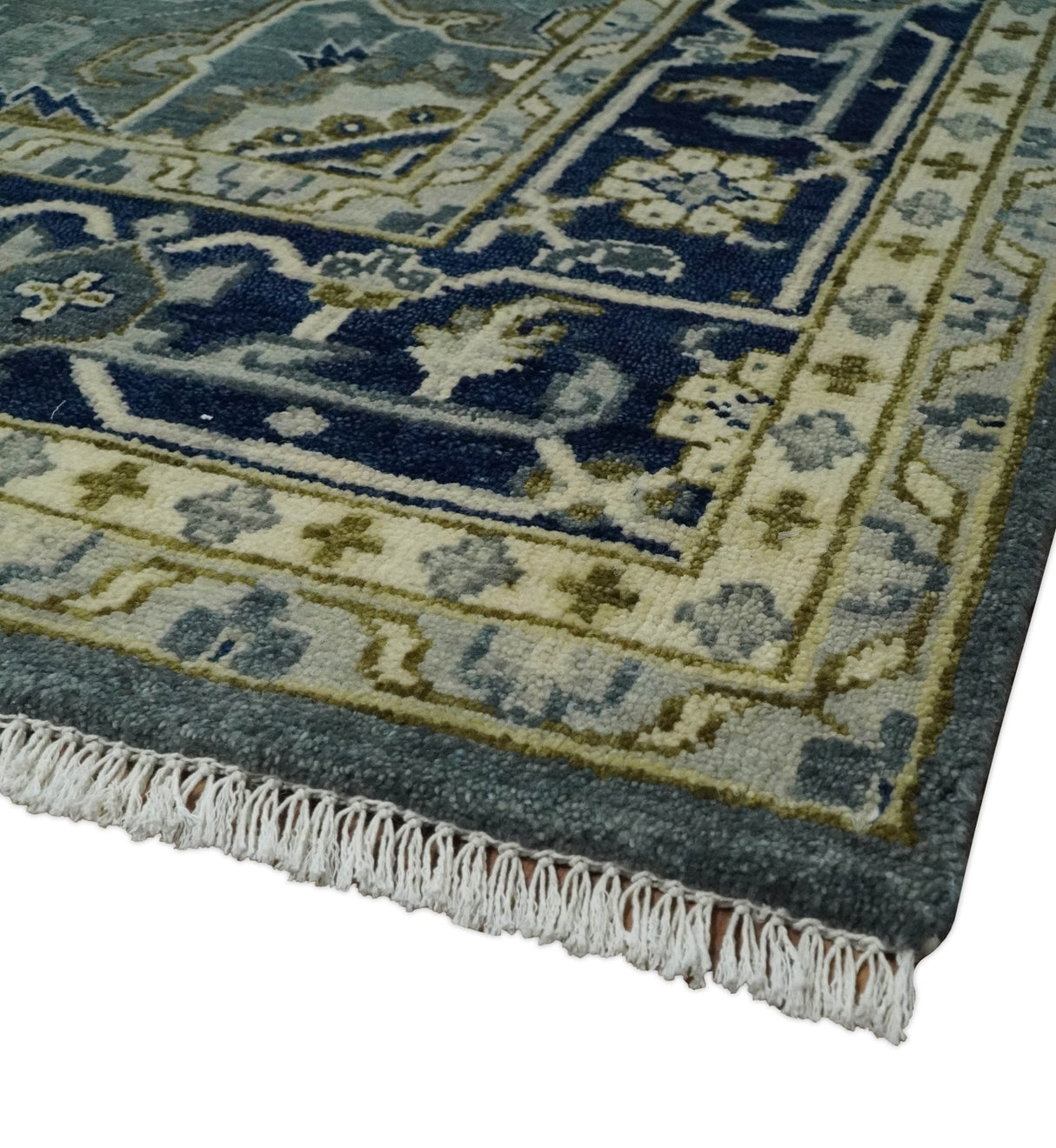 Custom Made Hand Knotted Beige and Blue Traditional Heriz Wool Area Rug
