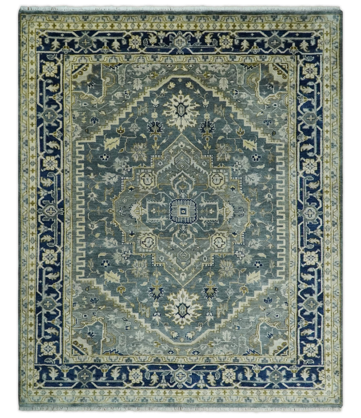 Custom Made Hand Knotted Beige and Blue Traditional Heriz Wool Area Rug