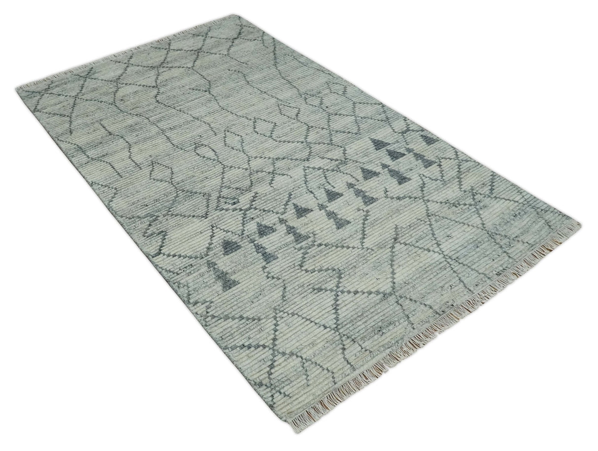 Custom Made Hand Knotted Beige And Gray Moroccan Trellis Blended Wool Rug