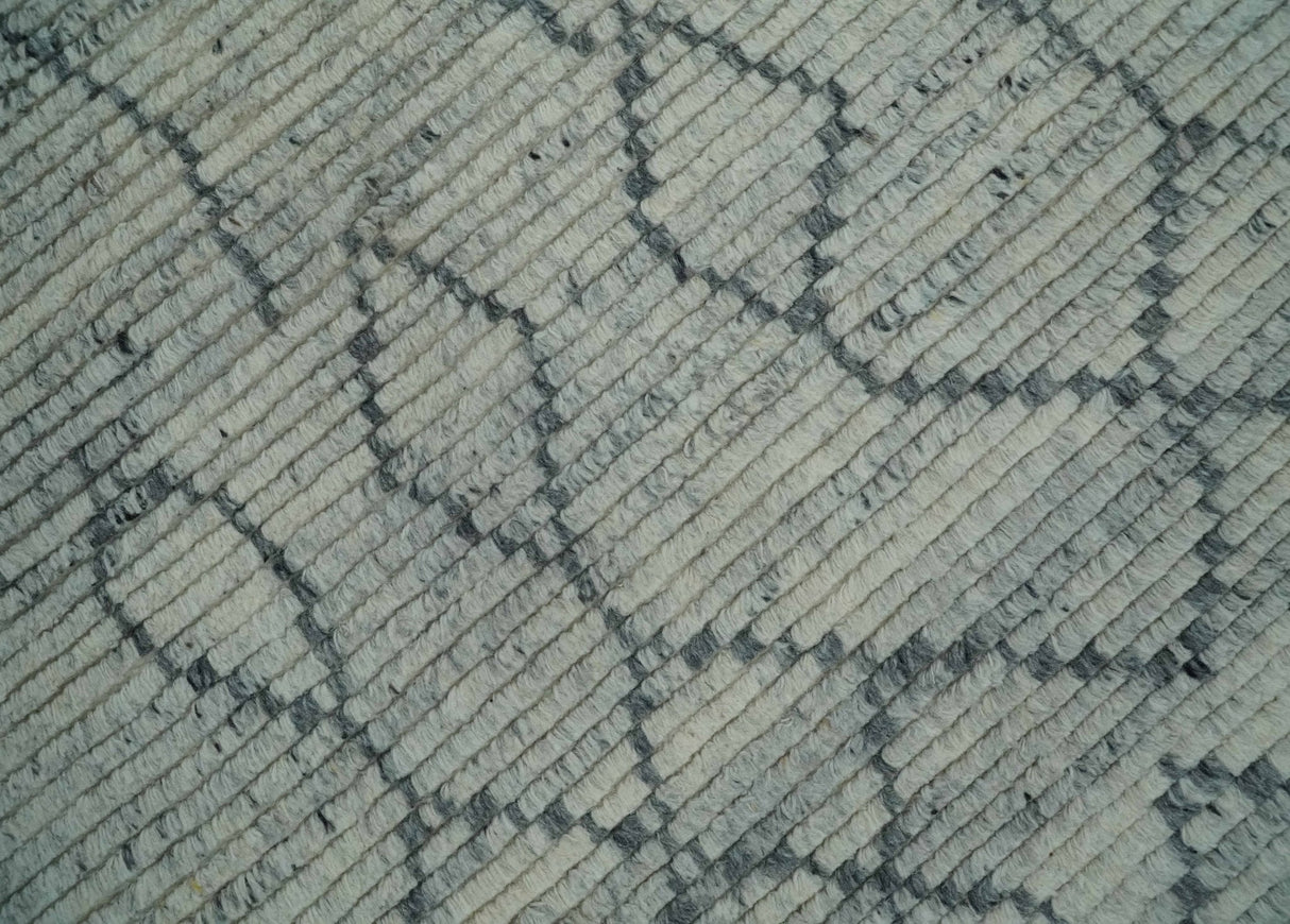 Custom Made Hand Knotted Beige And Gray Moroccan Trellis Blended Wool Rug