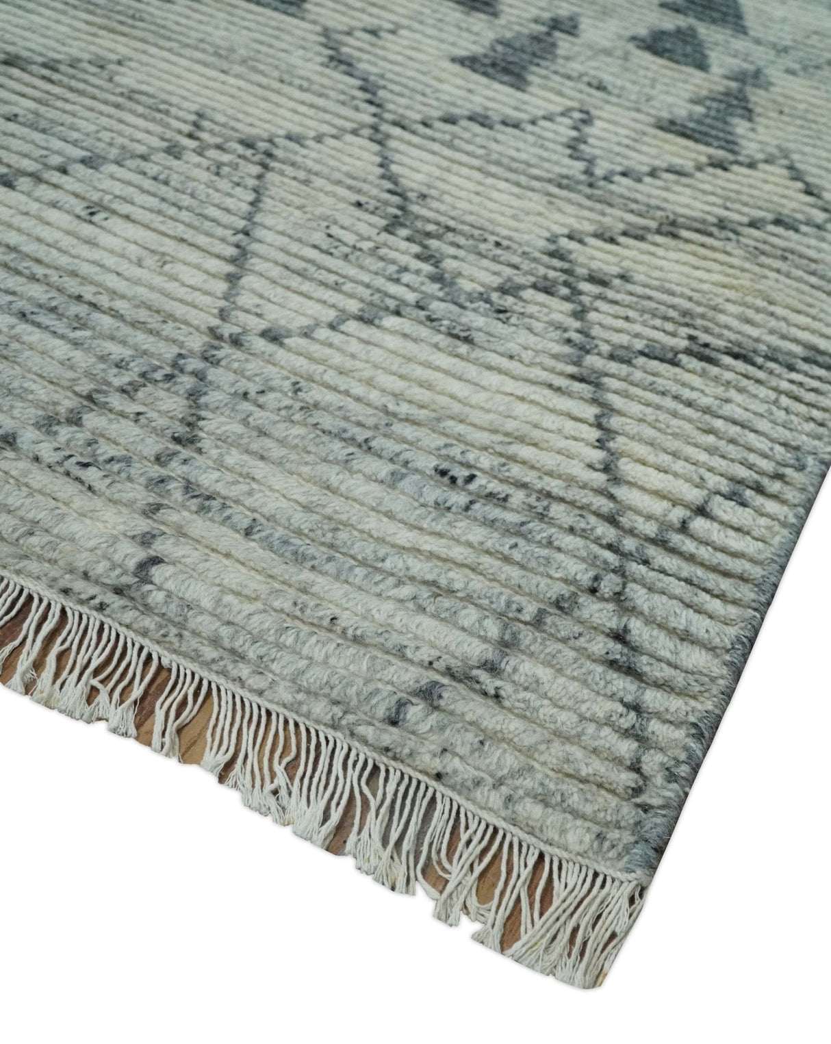 Custom Made Hand Knotted Beige And Gray Moroccan Trellis Blended Wool Rug
