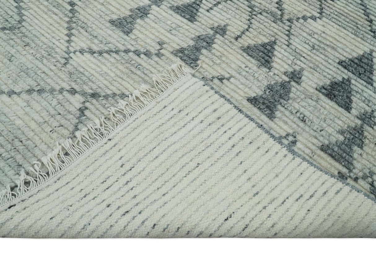Custom Made Hand Knotted Beige And Gray Moroccan Trellis Blended Wool Rug