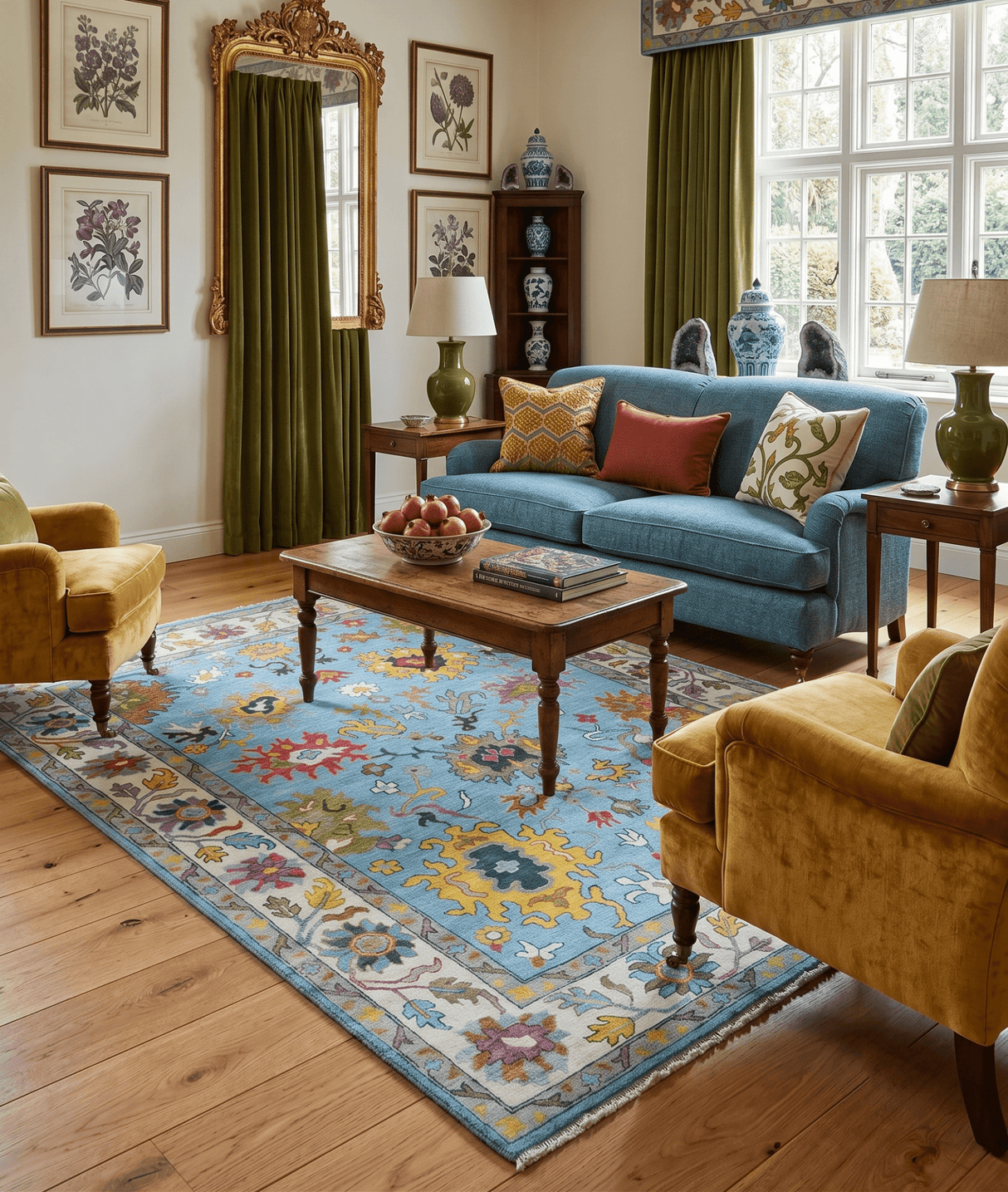 Custom Made Hand Knotted Blue and Ivory Traditional Oushak Wool Area Rug