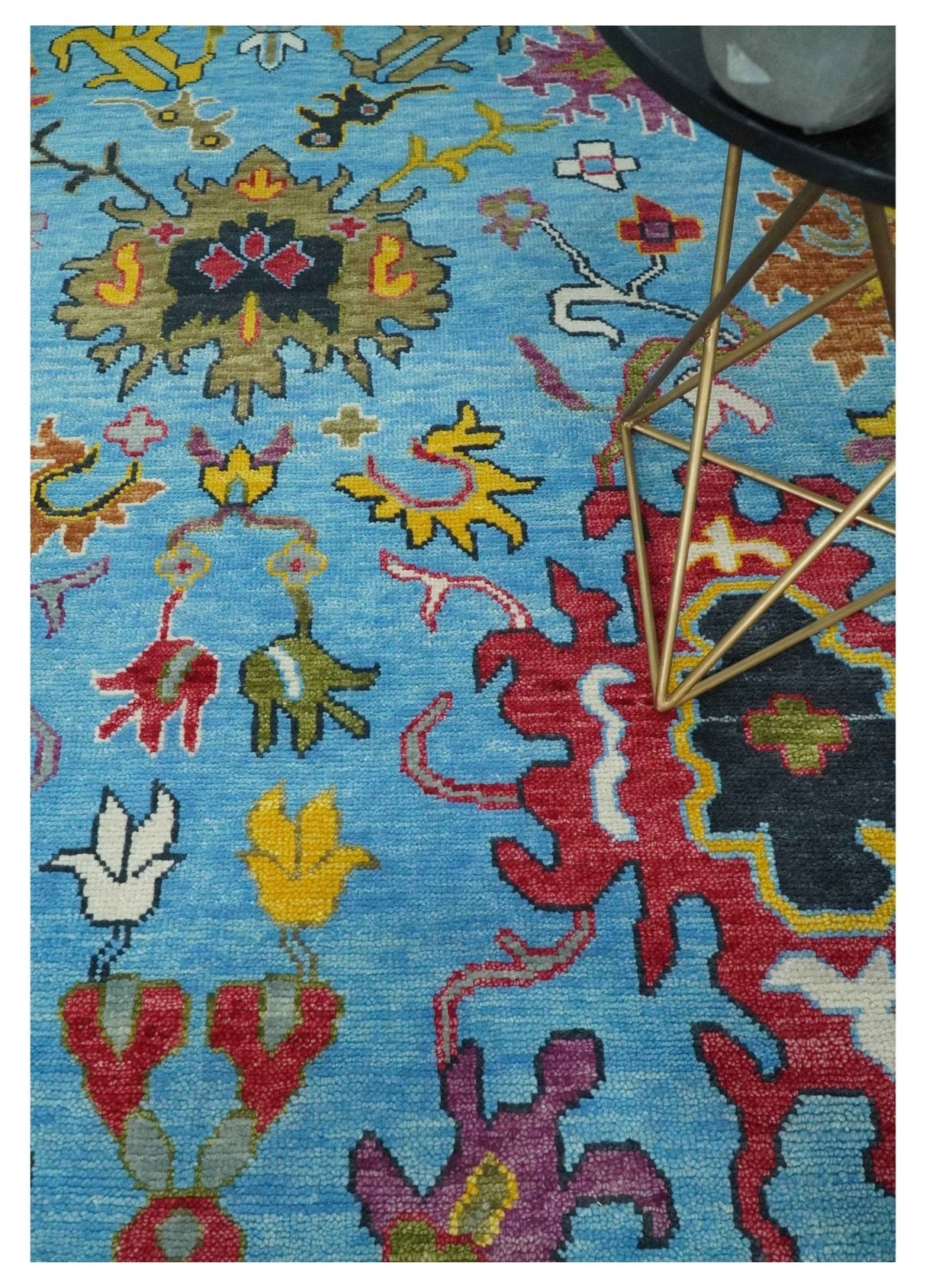 Custom Made Hand Knotted Blue and Ivory Traditional Oushak Wool Area Rug