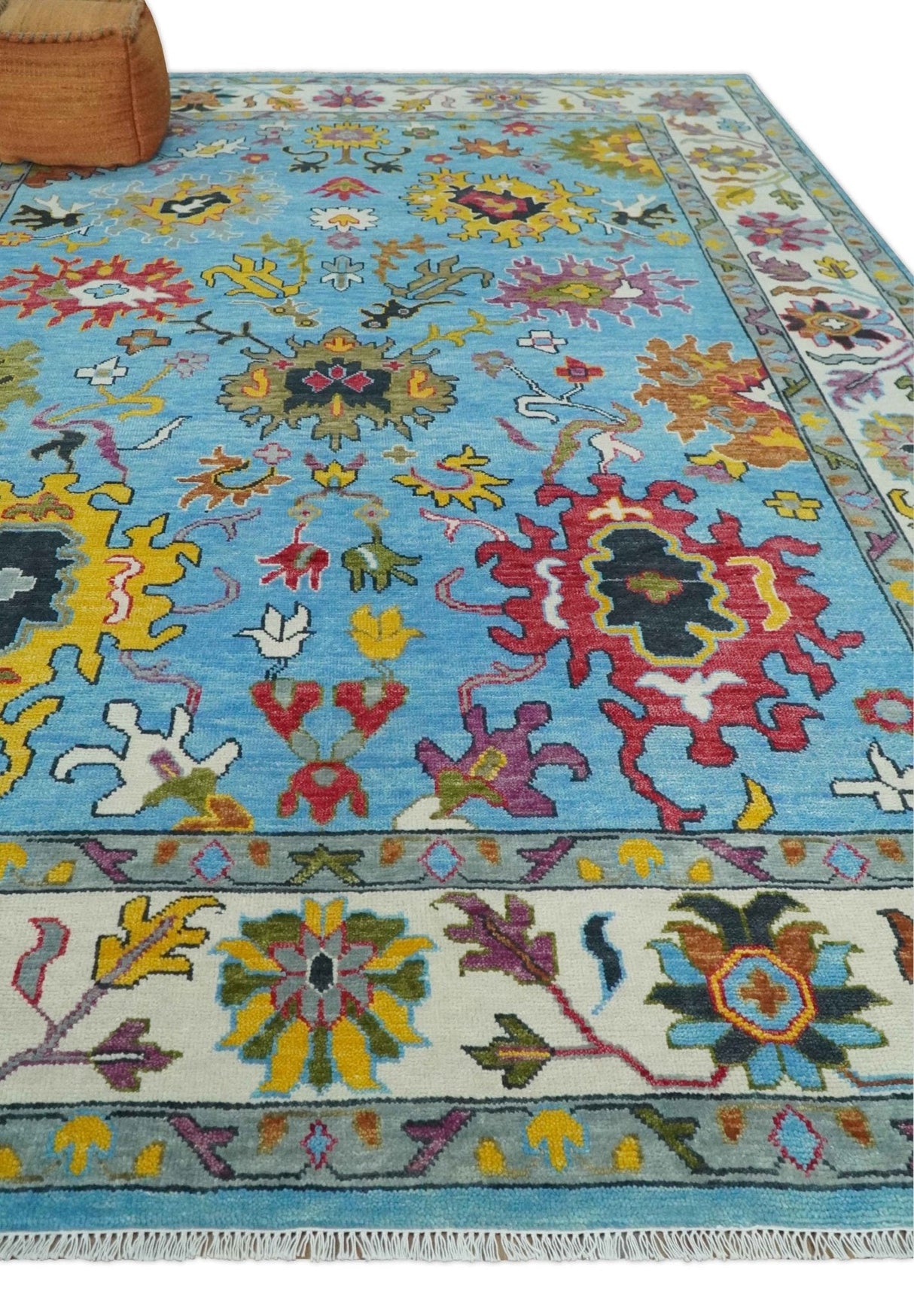 Custom Made Hand Knotted Blue and Ivory Traditional Oushak Wool Area Rug
