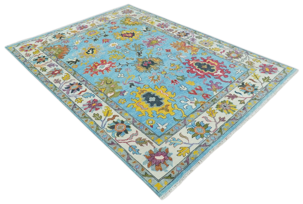 Custom Made Hand Knotted Blue and Ivory Traditional Oushak Wool Area Rug