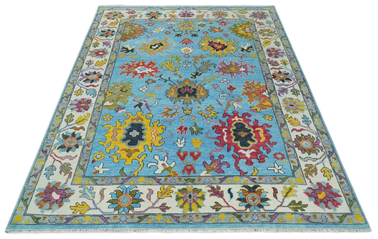 Custom Made Hand Knotted Blue and Ivory Traditional Oushak Wool Area Rug