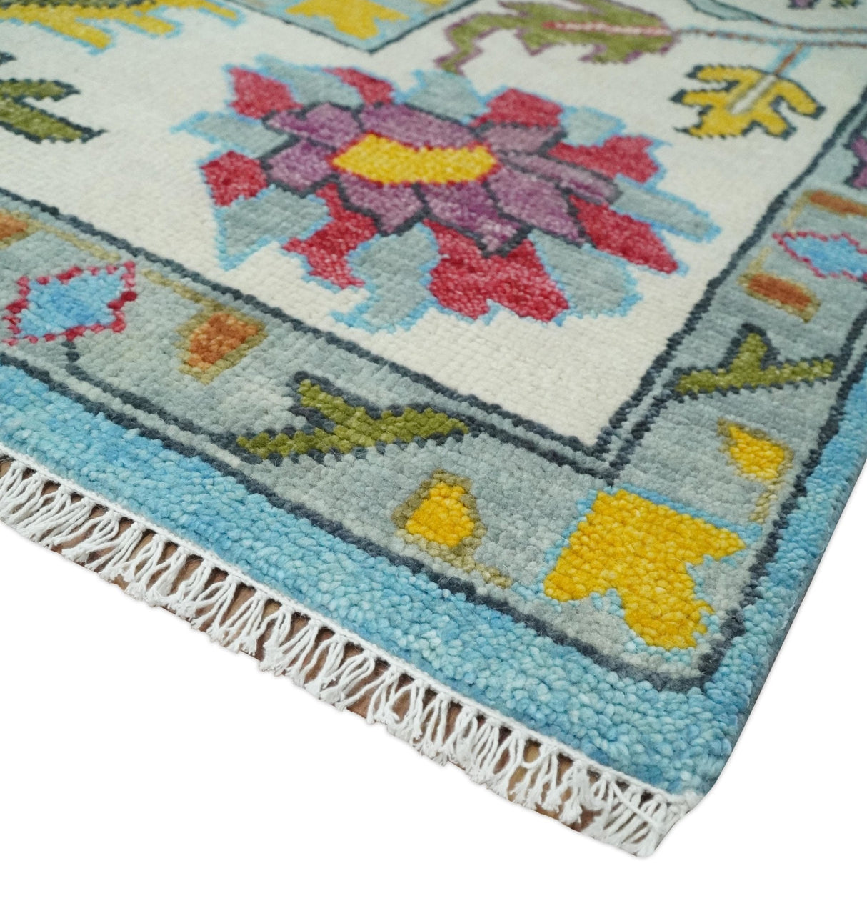 Custom Made Hand Knotted Blue and Ivory Traditional Oushak Wool Area Rug