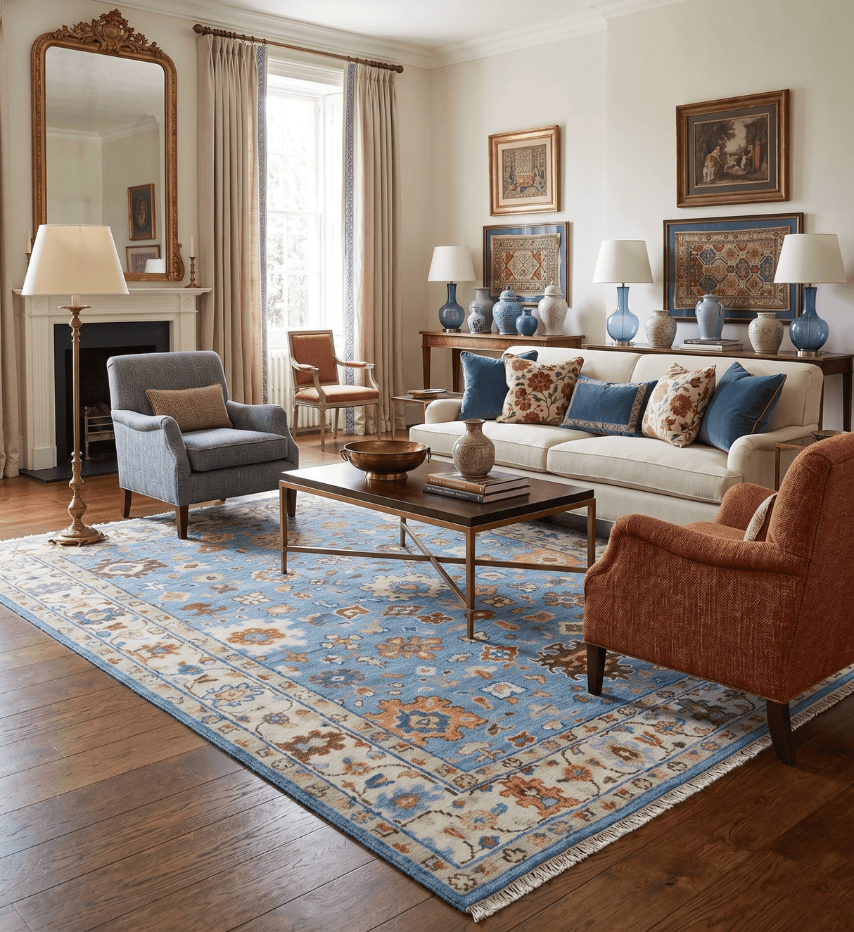Custom Made Hand Knotted Blue and Ivory Traditional Turkish Oushak Design Wool Rug