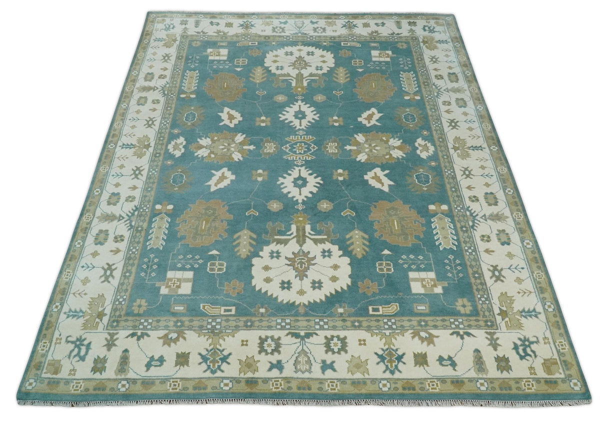 Custom Made Hand Knotted Blue, Ivory and Beige Traditional Oushak Wool Rug